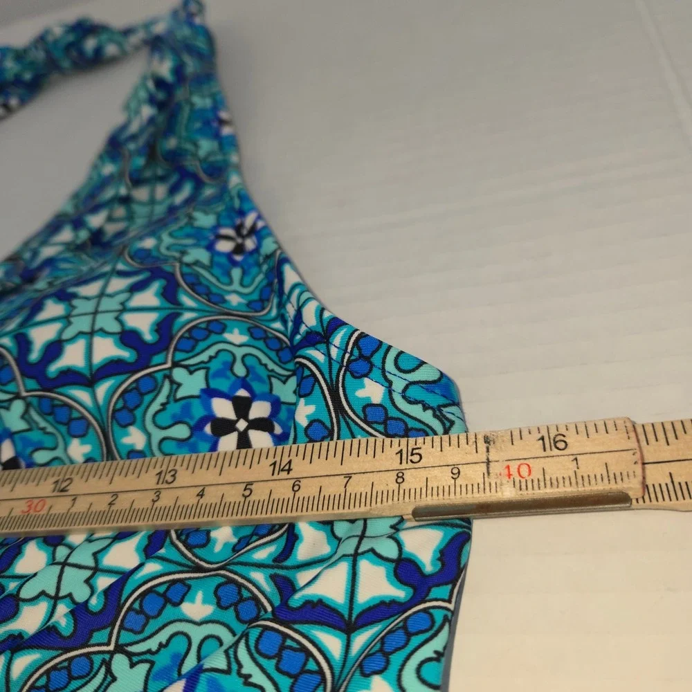 Assets by Sara Blakely Swim Tankini Top Women Large Blue Geometric Halter Ruffle